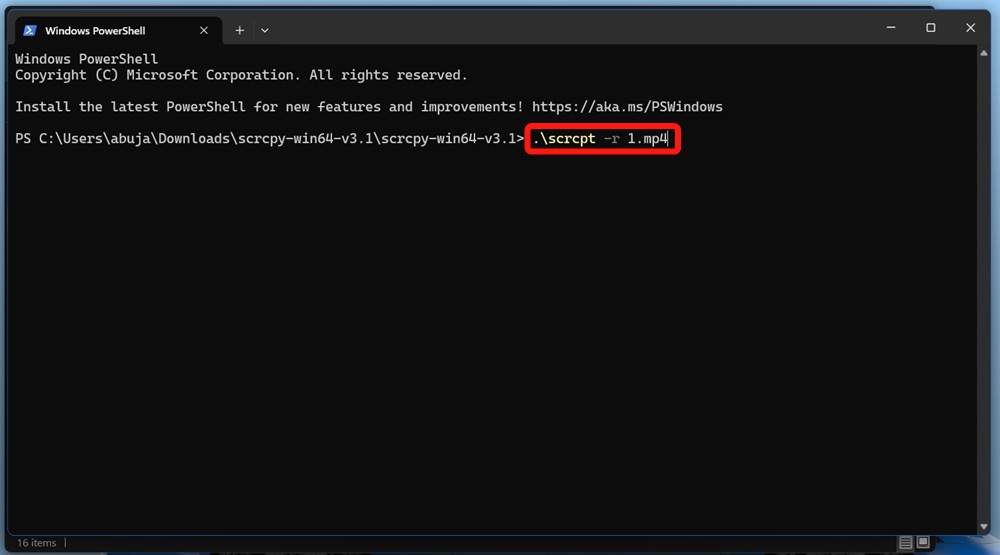 windows terminal with scrcpy record command