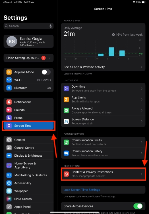 Screen Time settings on iPad