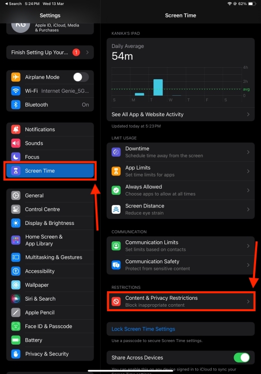 Screen Time settings on iPad