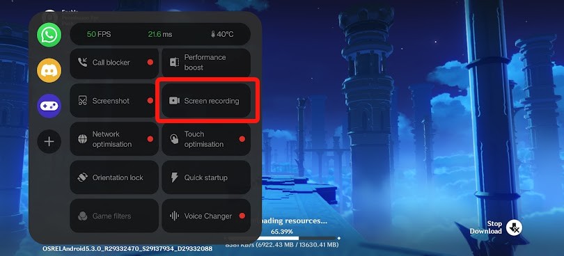game mode on Oneplus with screen recording option