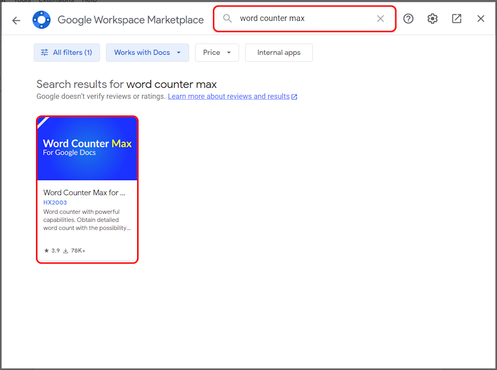 Searching for Word Counter Max on Google Workspace Marketplace