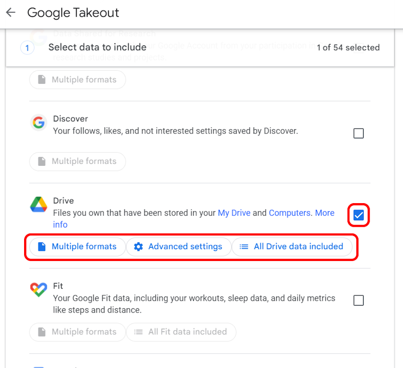 Selecting Google Drive service on Takeout page