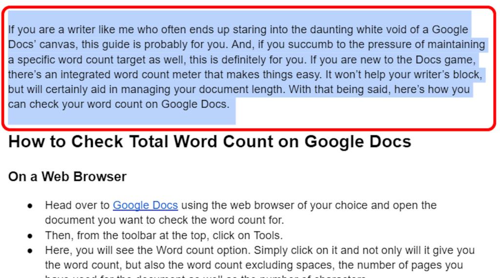 Selecting a portion of text on Google Docs