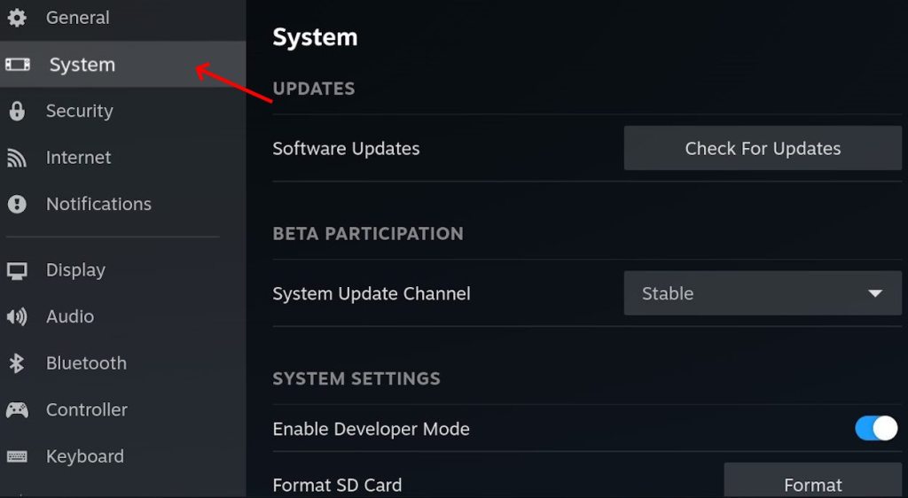 Settings option of the Steam Deck