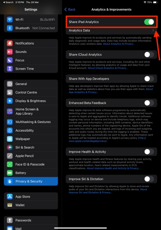 Share iPad Analytics option
