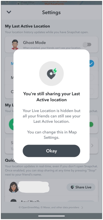Enabling hide live location will still show your last updated location on the map