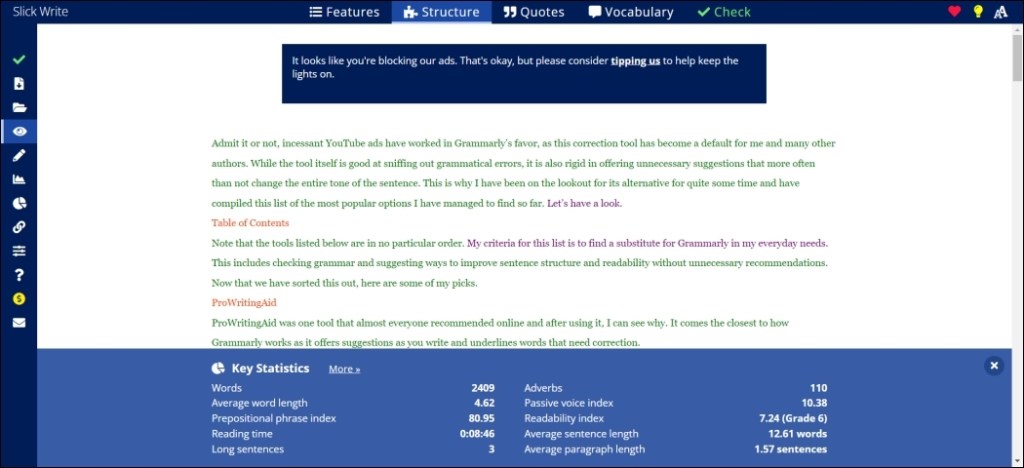 SlickWrite writing analysis tool
