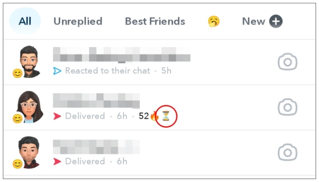 Snapchat hourglass emoji appearing next to a chat
