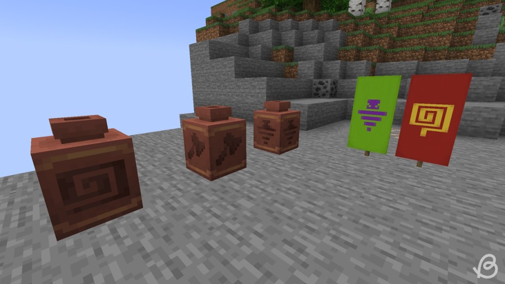 Decorated pots made with new pottery sherds and also banners with new banner pattern designs in Minecraft snapshot 24w11a