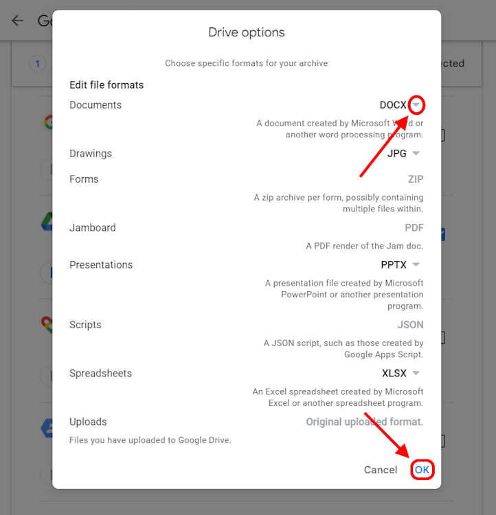 Selecteer het Google Drive-gegevensbestandsformaat op Takeout