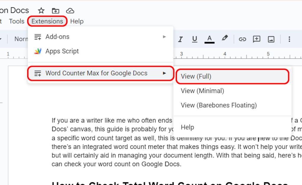 Specifying view for Word Counter Max on Docs