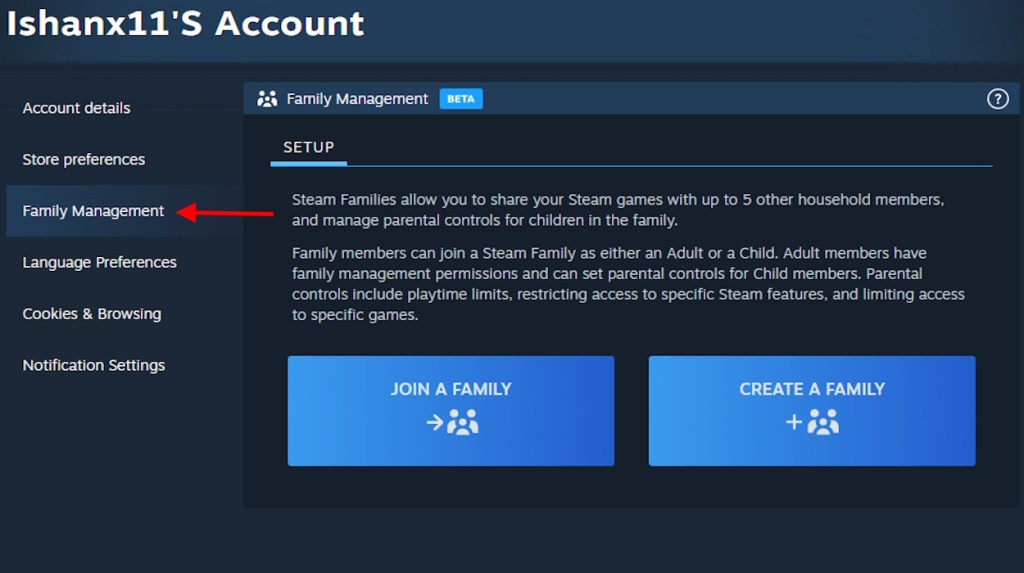 Page de gestion des familles Steam Families