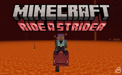Player riding a strider in the Nether Minecraft dimension