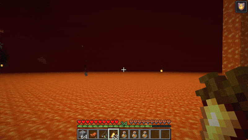 Player riding a strider on top of a large lava sea in Minecraft