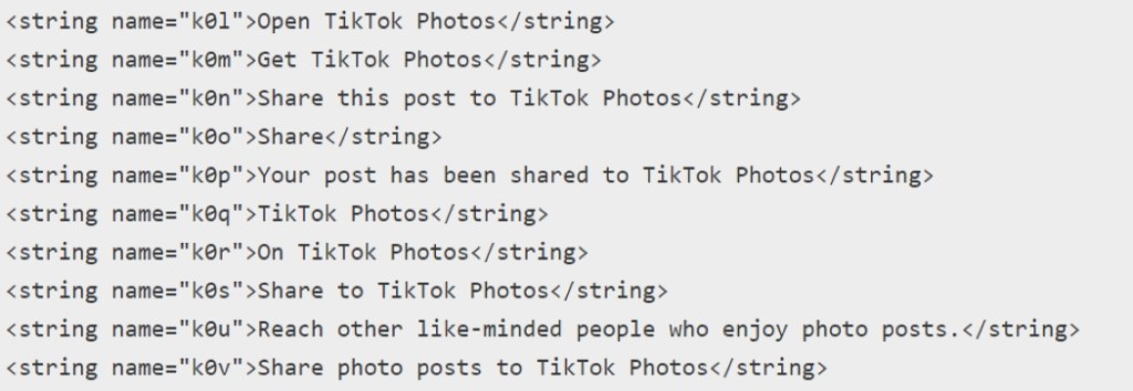 Code de chaîne affichant les différentes options qui seront disponibles dans TikTok Photos