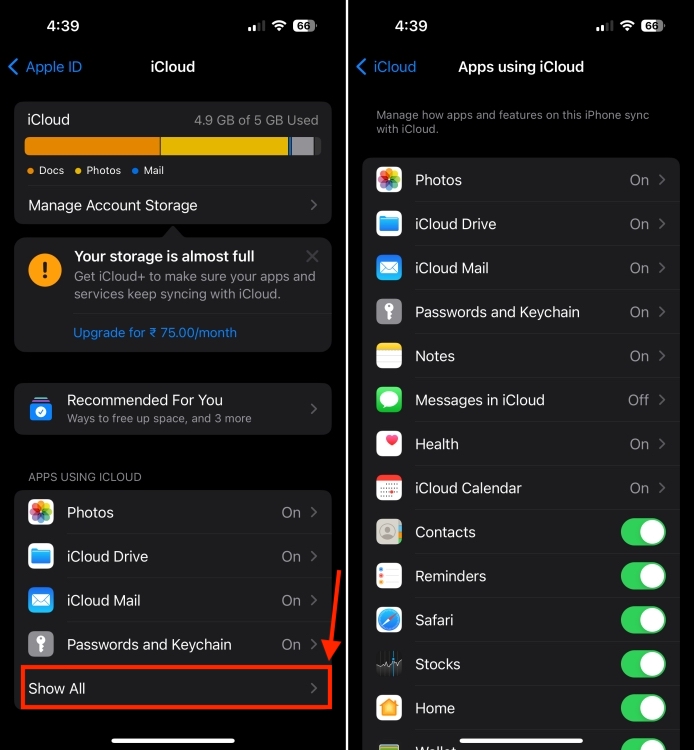 Turn on sync for different apps and services