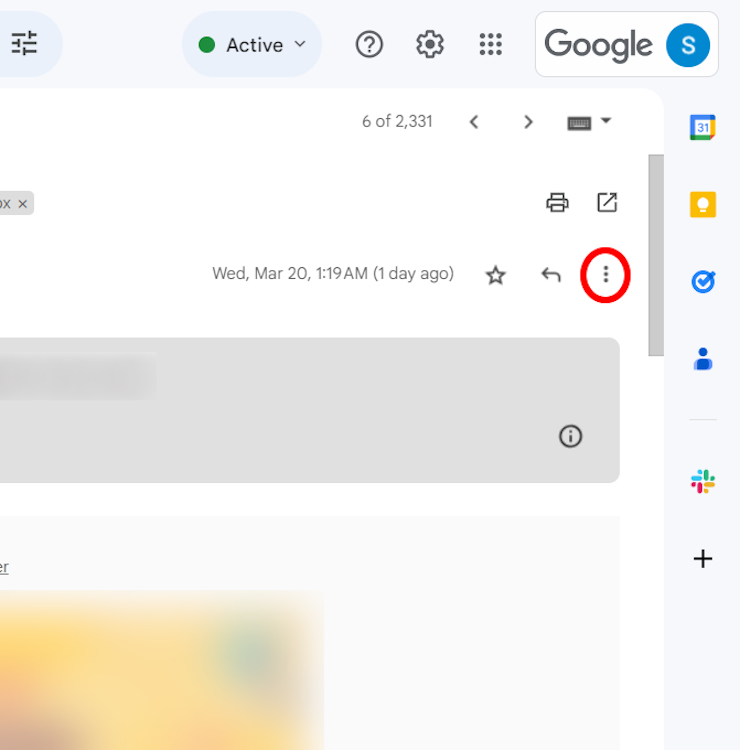 Three dot menu adjacent to a sender's name on Gmail