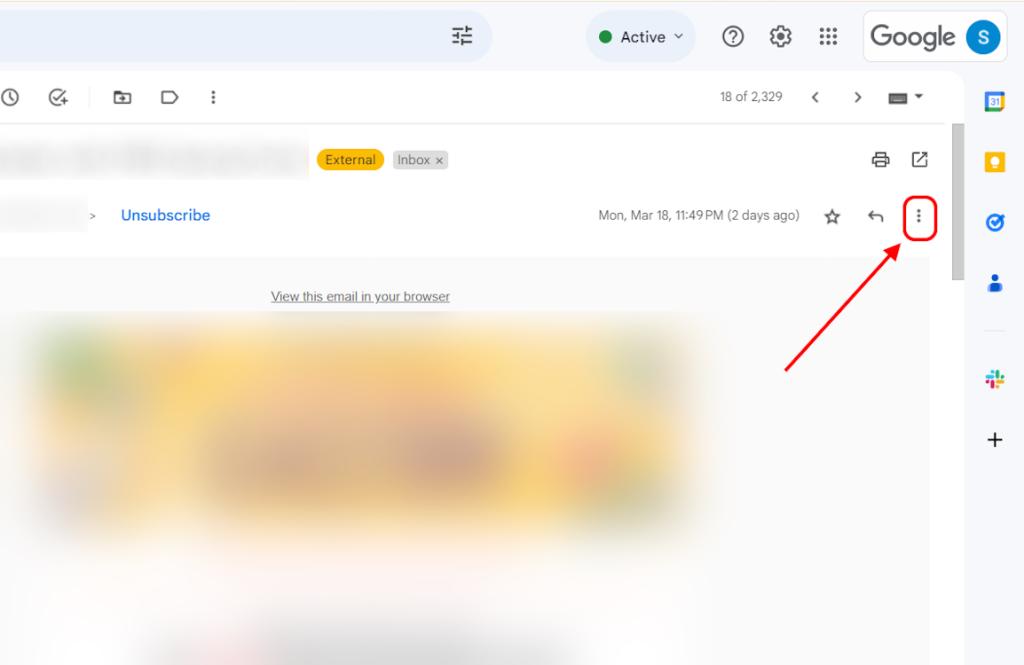Three-dot menu adjacent to sender's name on Gmail