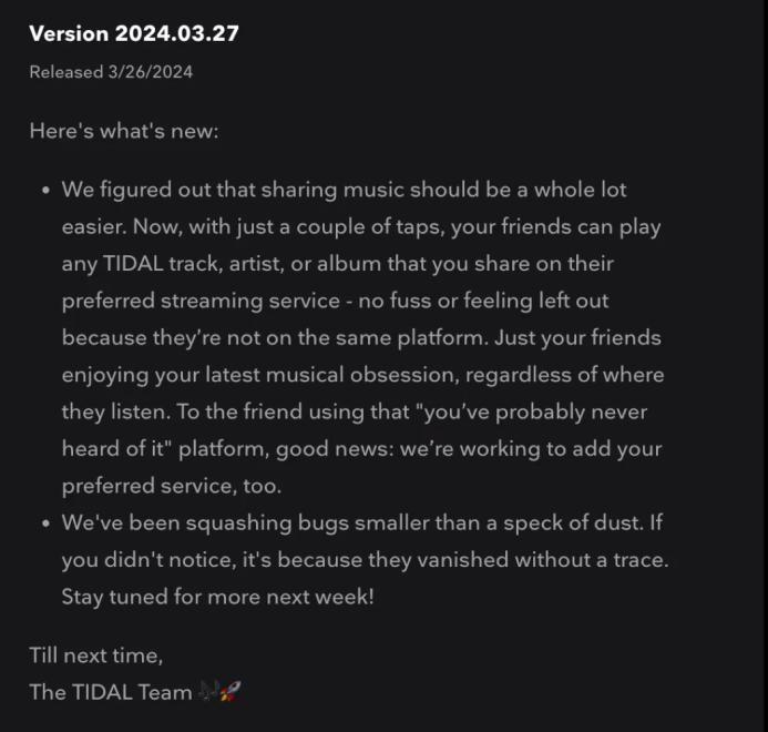 Changelog discussing the universal link feature added to Tidal
