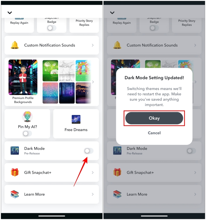 Turning on Dark mode from Snapchat+ menu