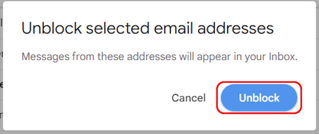 Unblock email addresses confirmation window