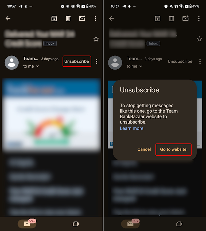 Unsubscribe button in Gmail Android app