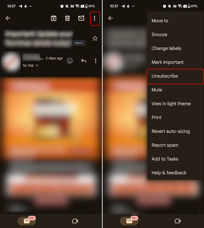 Unsubscribe to an email on Gmail on Android through the menu