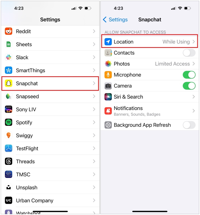 Go to Snapchat location settings