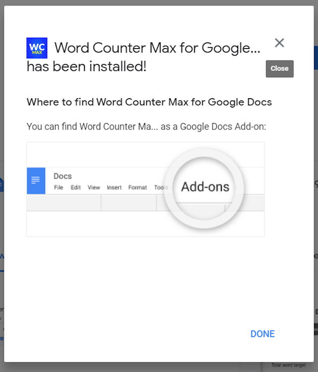 Word Counter Max add-on for Docs installed successfully