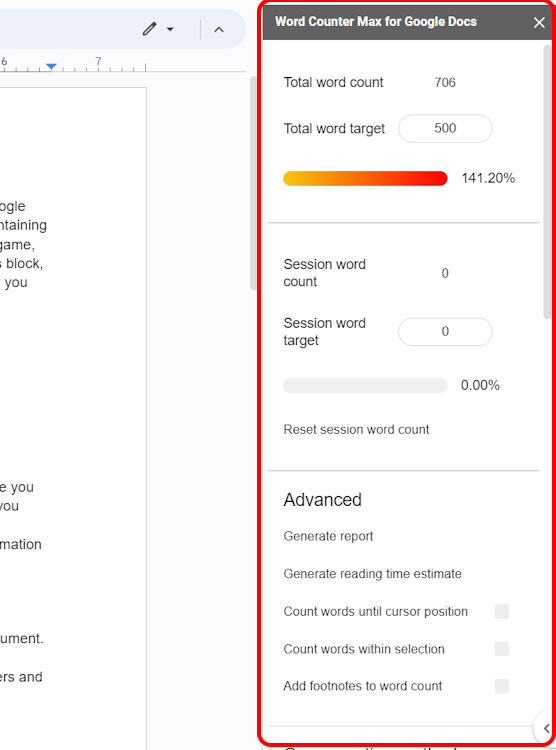 Word Counter Max panel on Google Docs