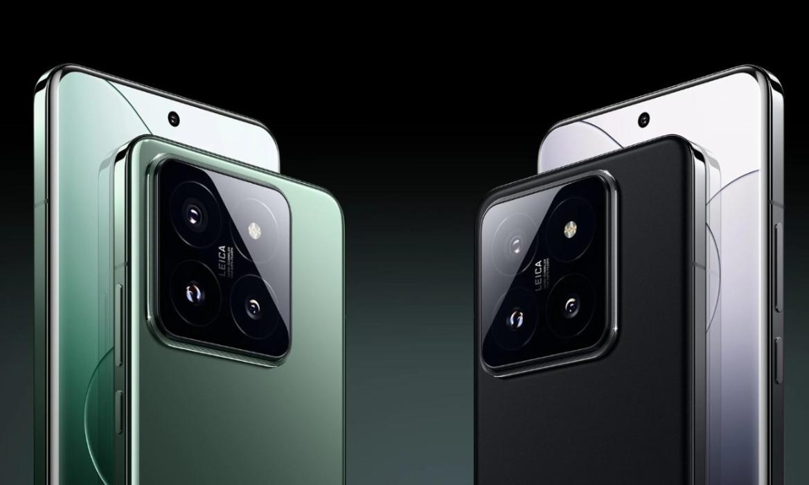 Xiaomi 14 in jade green and black in front of a gradient background
