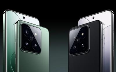 Xiaomi 14 in jade green and black in front of a gradient background