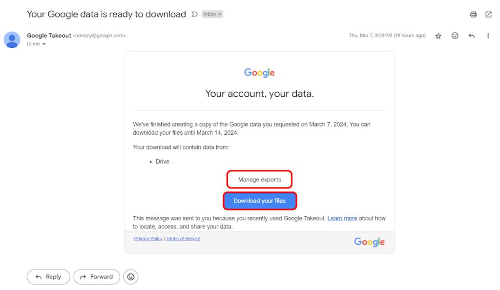Your Google data is ready to download mail
