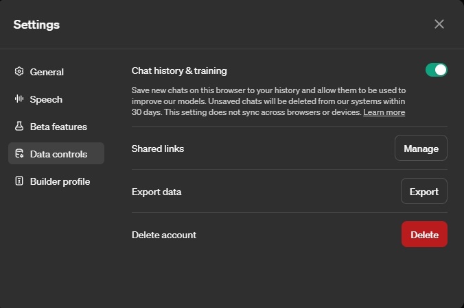 chatgpt data controls settings