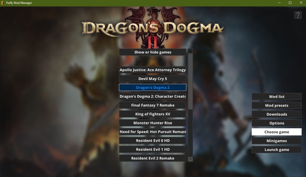 Choose Dragons Dogma 2 in the modmanager