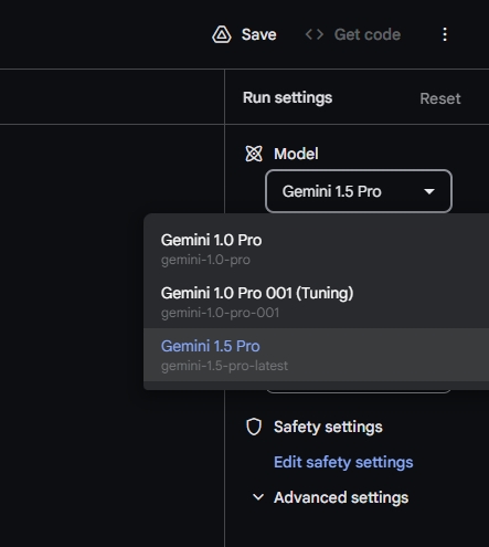 choose gemini 1.5 pro model in google AI studio