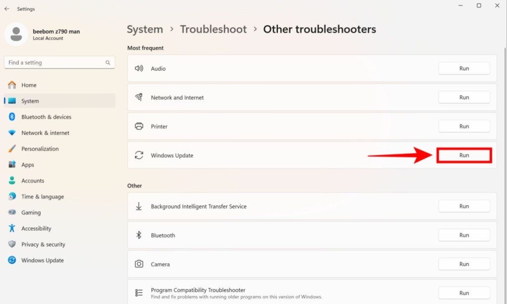click on Run button next to Windows Update inside of Trobuleshoot menu of Windows 11 to run the Windows Update troubleshooter to try and fix install error 0x800f081