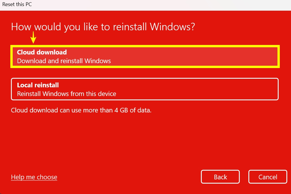 by selecting cloud download option in windows 11 reset menu it installs the latest version of windows 11 by downloading it