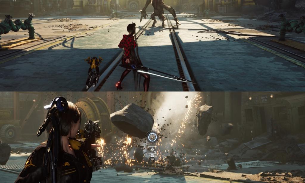 The combat of Stellar Blade featuring Eve in sword and guns.