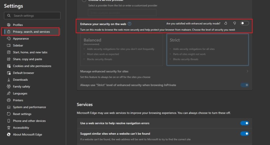 disable enhance your security on the web in Edge