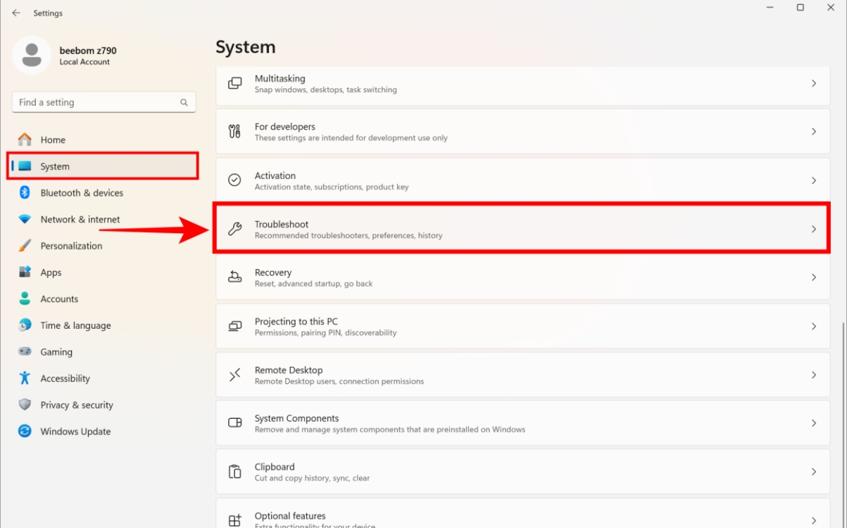 for troubleshoot options in windows 11 user has to click on System tab inside of Settings app then click on Troubleshoot menu