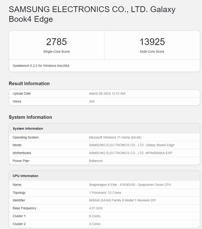 geekbench score of snapdragon x elite running on galaxy book4 edge