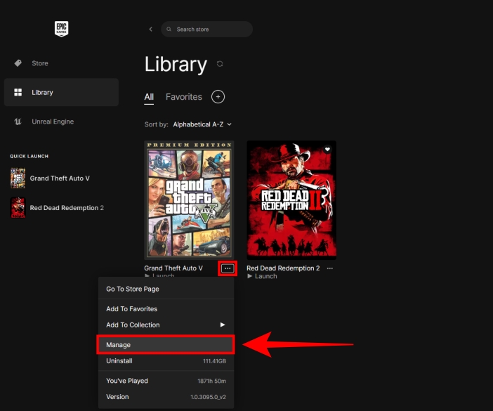 gta 5 opening installation folder in epic games by clicking on manage