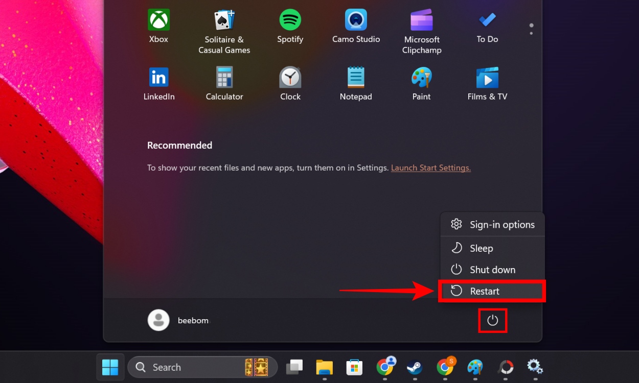 to restart pc in Windows 11 click on Windows button in taskbar then power button and then click on Restart button