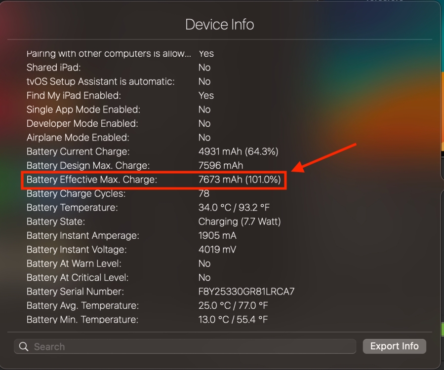 iPad Battery Info using iMazing app on Mac