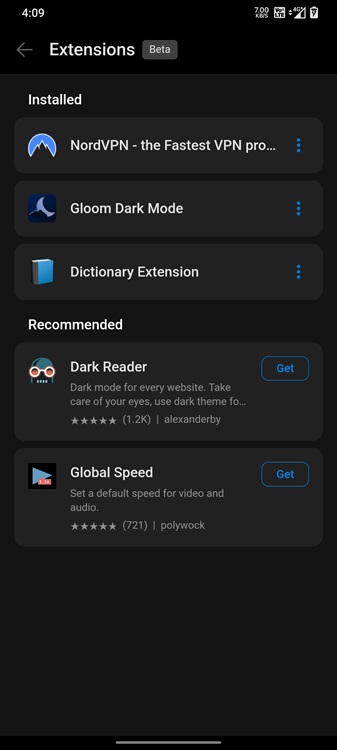 installed multiple extension on edge for android
