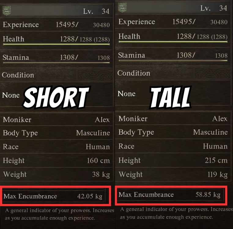 Max Encumbrance Difference between Character sizes 