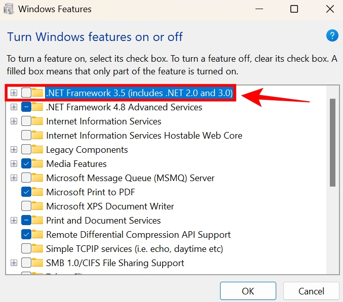 to install .NET framework 3.5 on Windows click on its tickbox in Windows Features 
