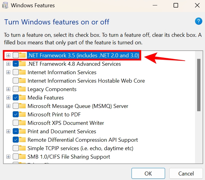 to install .NET framework 3.5 on Windows click on its tickbox in Windows Features