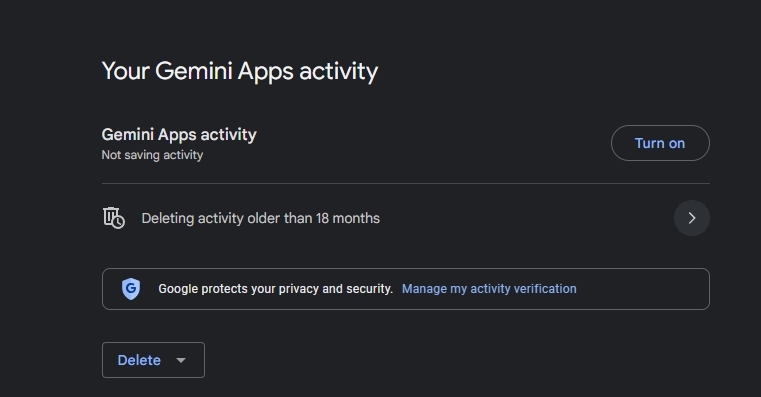 turn of gemini apps activity